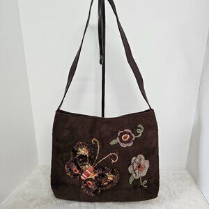 Cappelli Brown Faux Suede 3D butterfly Floral Shoulder Bag Boho